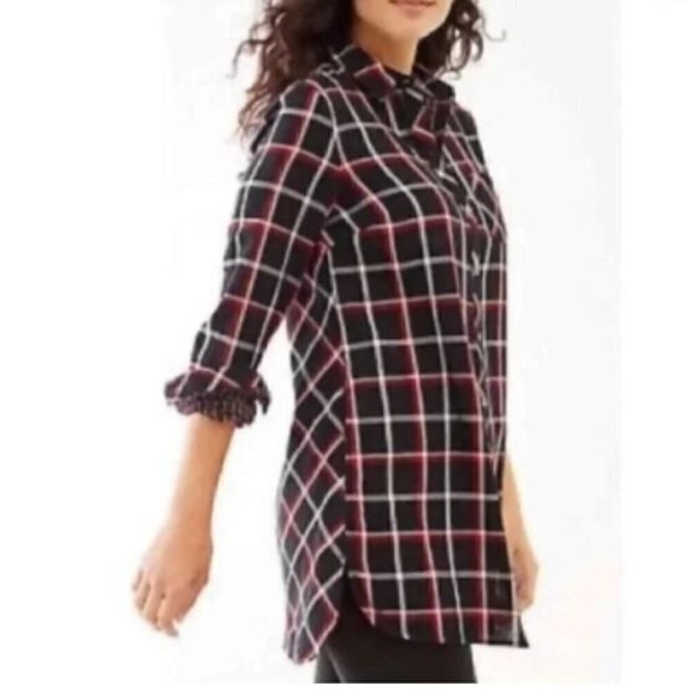 J Jill Top Womens Medium Plaid Button Up Tunic Long Sleeve Black Red Cotton